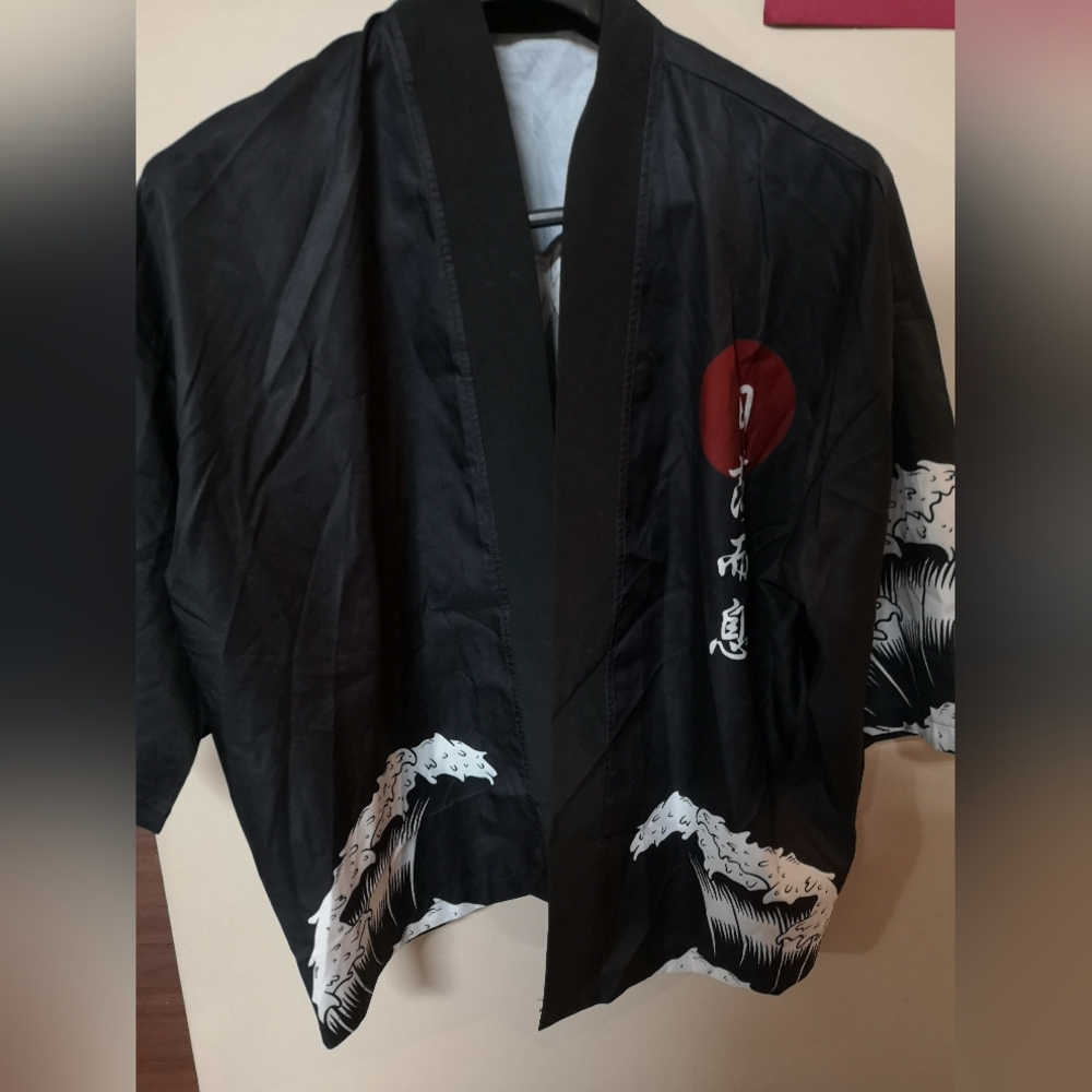 Brand New Japanese Yukata with Red and White Wave Accents